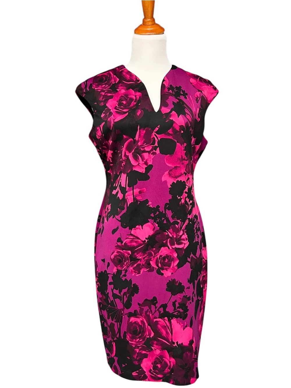 Connected Apparel Pink Black Floral Sheath Dress 12P Wedding Guest Formal
